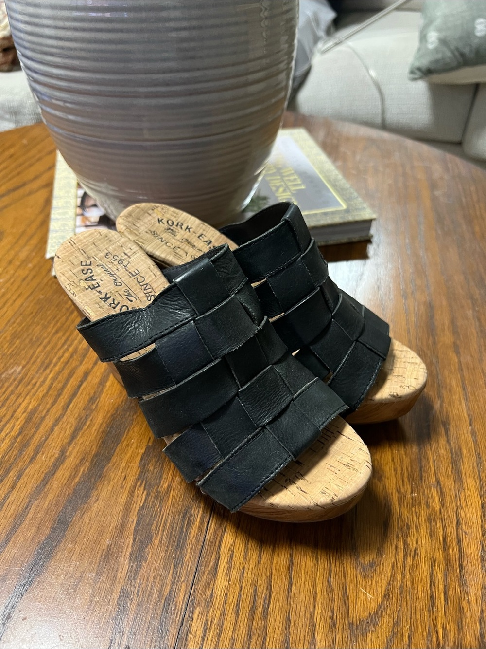 Kork-Ease Black Woven Leather Cork Wedge Mules